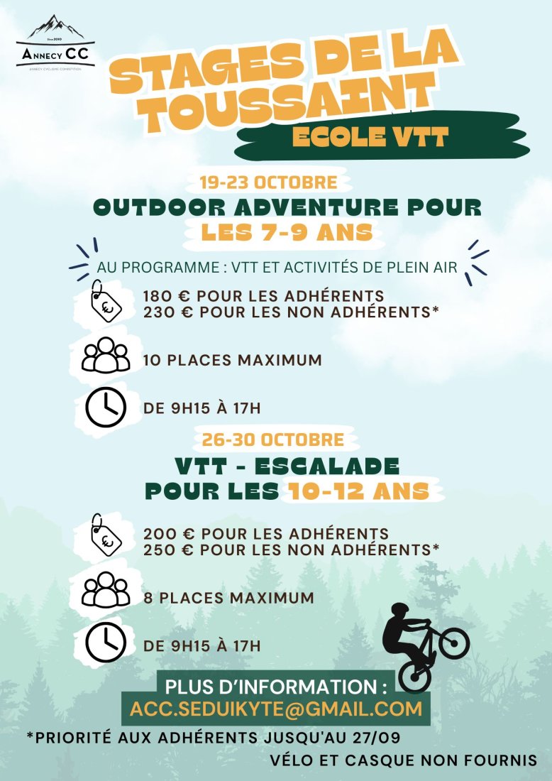 STAGE DE LA TOUSSAINT VTT-escalade pour les 10-12 ans (26-30 OCTOBRE 2026)